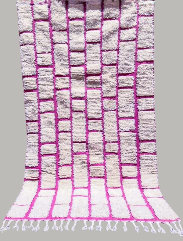 Berber beni ourain handmade wool rug, white and pink, 260cm/150cm