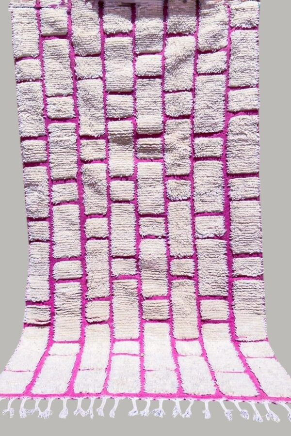 Berber beni ourain handmade wool rug, white and pink, 260cm/150cm