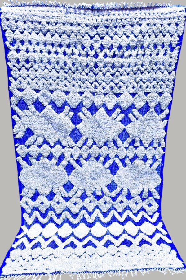 Berber beni ourain handmade wool white and blue rug 260cm/154cm